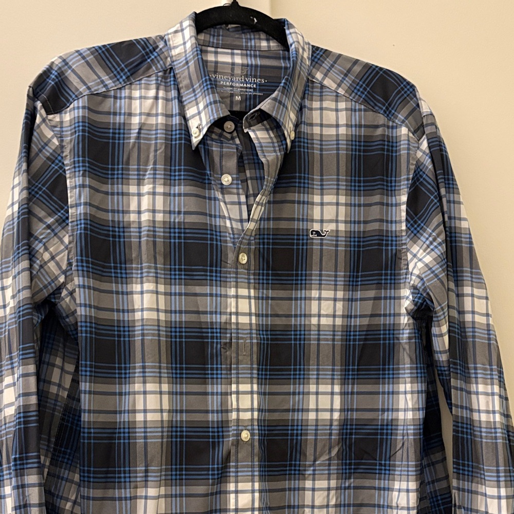 Vineyard Vines Blue and Gray Plaid Button-Down Shirt Performance